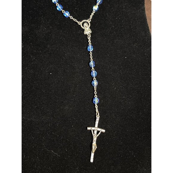 Vintage Rosary With AB Blue Glass Beads & Silver Crucifix Pendant Italy - Picture 5 of 7